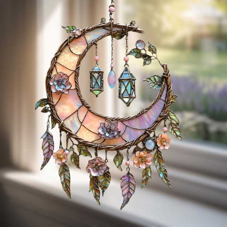 🌙Decorazione per finestre con luna e fiori dipinta a mano💖