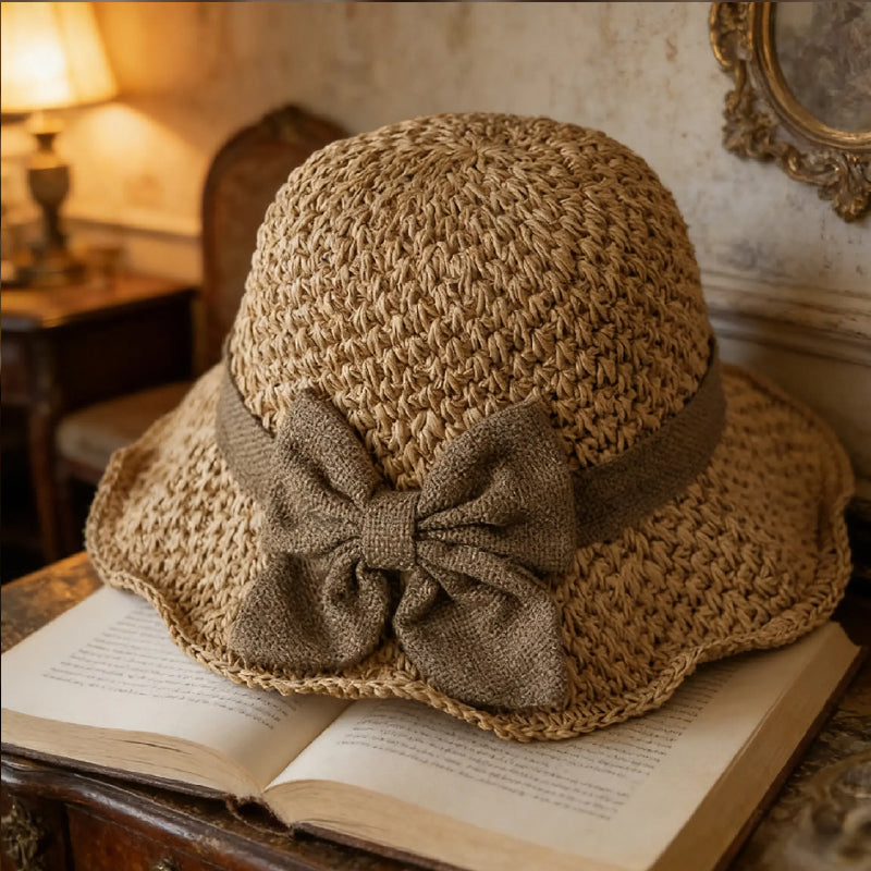 Elegante cappello di paglia con fiocco in tessuto | Struttura intrecciata leggera, morbido e regolabile