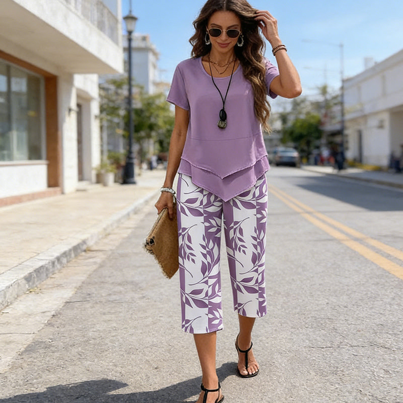 Set da casa con maglietta girocollo (effetto a strati) e pantaloni a gamba extra larga – Comodo, leggero e versatile – Ideale per l'uso quotidiano e i viaggi