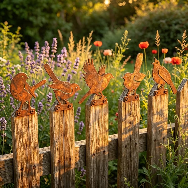 Set di 5 sagome di uccelli in metallo arrugginito dall'aspetto realistico come decorazione da giardino
