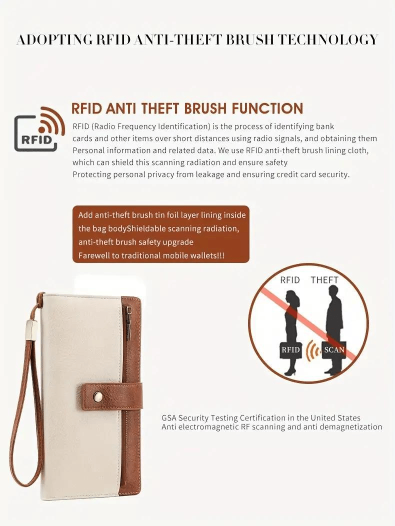 Portafoglio lungo da donna, elegante pochette, elegante portafoglio in pelle tinta unita con protezione RFI