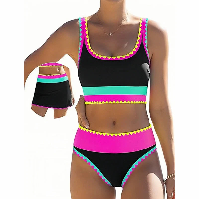 🎁Nuovo arrivo: 50% di sconto💥🌼Set bikini sportivo a 3 pezzi in nylon con effetto patchwork a blocchi di colore - Costume da bagno a vita alta con effetto snellente👙🌈