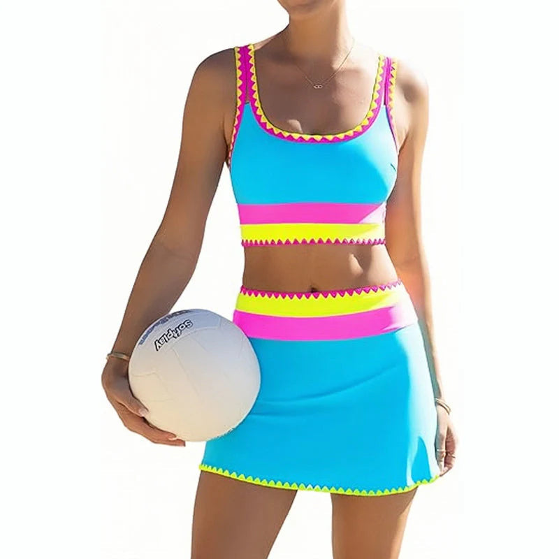 🎁Nuovo arrivo: 50% di sconto💥🌼Set bikini sportivo a 3 pezzi in nylon con effetto patchwork a blocchi di colore - Costume da bagno a vita alta con effetto snellente👙🌈
