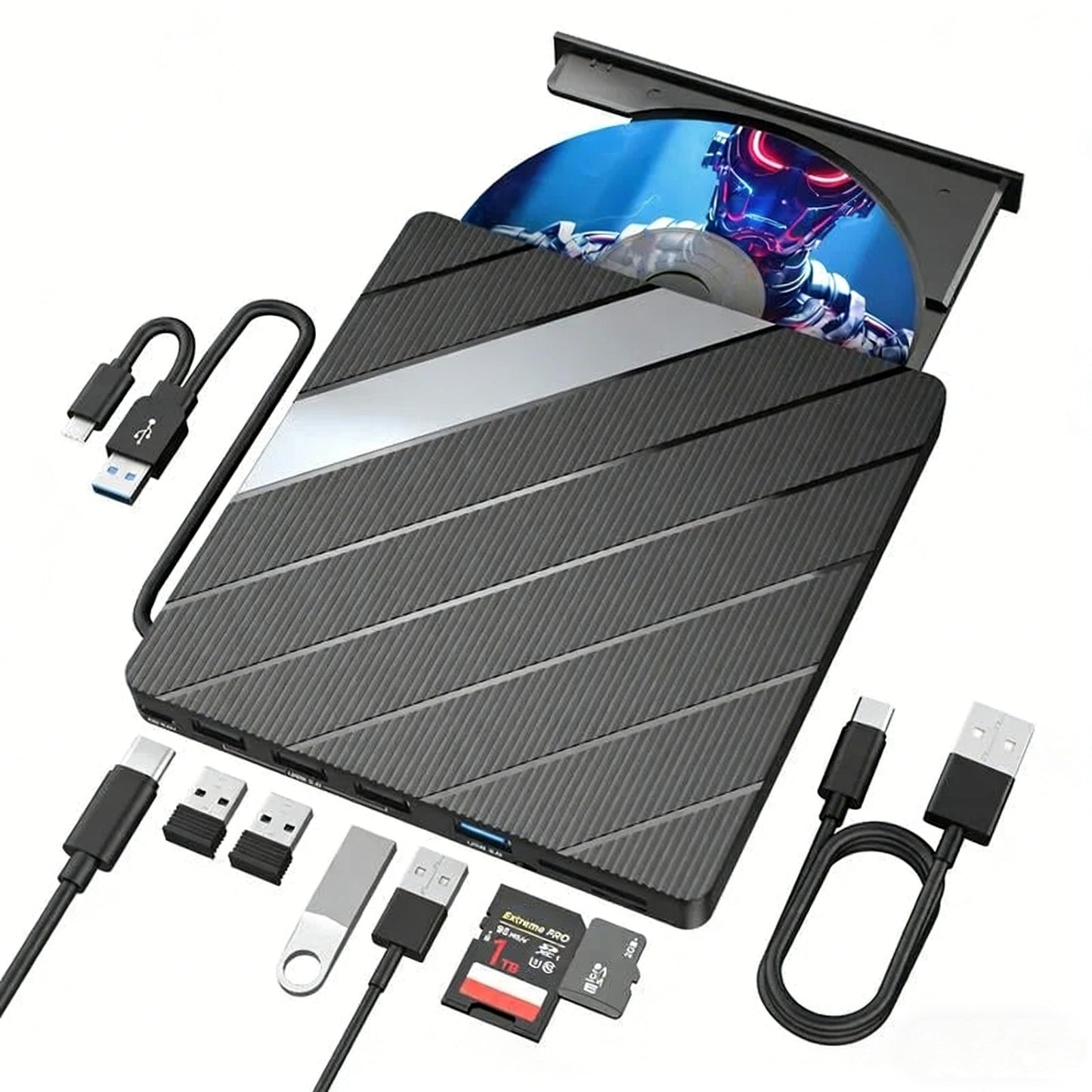 Lettore DVD portatile per laptop USB C 3.0 Masterizzatore CD portatile con slot per schede SD/TF e 3 porte USB Compatibile con Mac, Windows, Linux