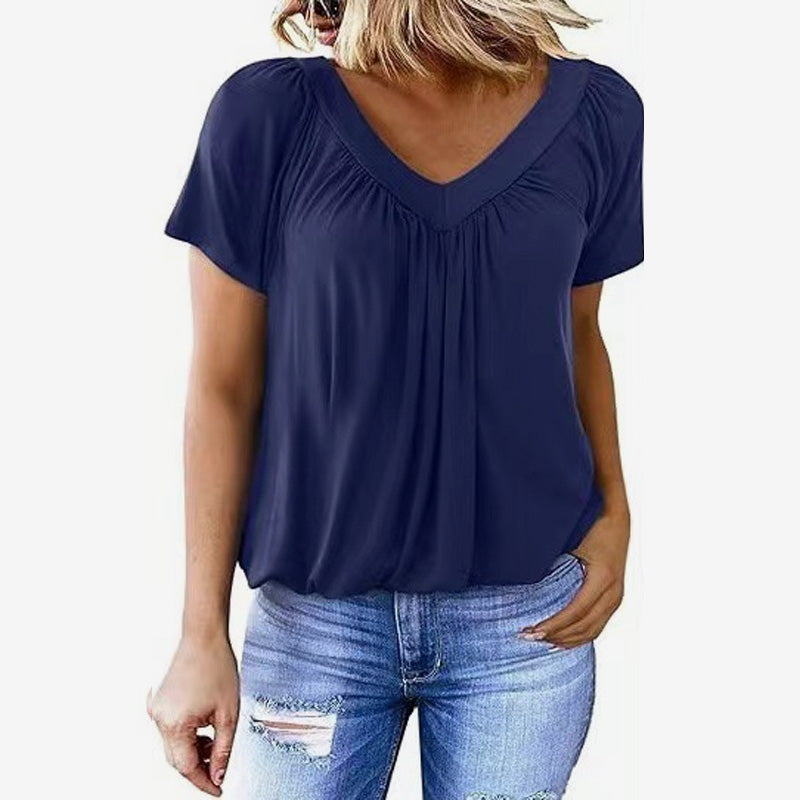 T-shirt da donna con scollo a V e maniche corte a pieghe