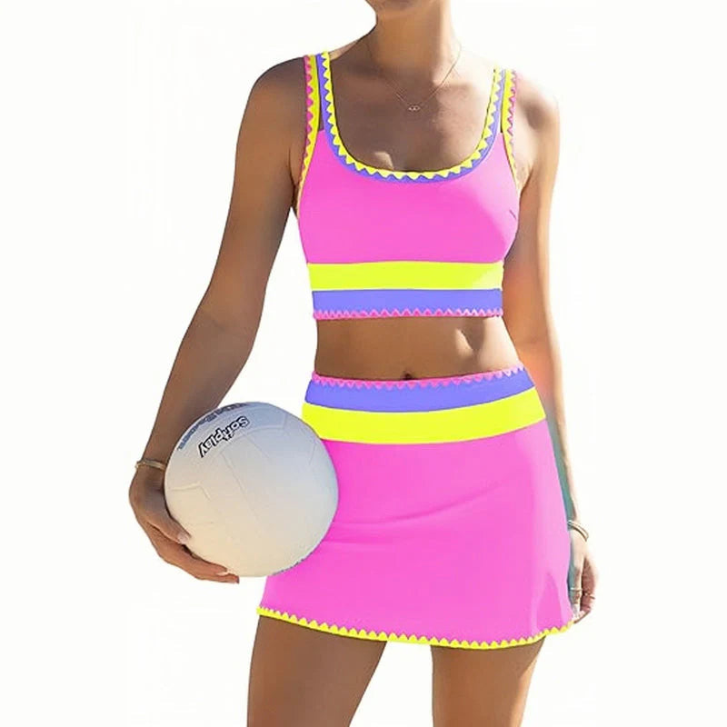 🎁Nuovo arrivo: 50% di sconto💥🌼Set bikini sportivo a 3 pezzi in nylon con effetto patchwork a blocchi di colore - Costume da bagno a vita alta con effetto snellente👙🌈