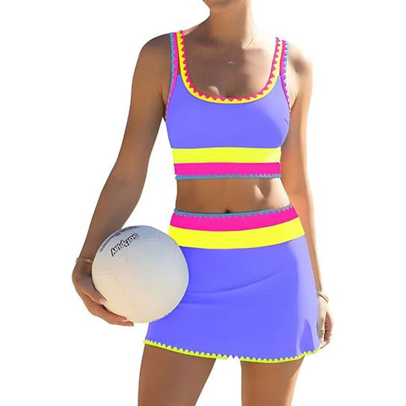 🎁Nuovo arrivo: 50% di sconto💥🌼Set bikini sportivo a 3 pezzi in nylon con effetto patchwork a blocchi di colore - Costume da bagno a vita alta con effetto snellente👙🌈