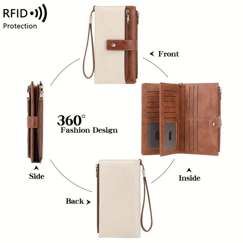 Portafoglio lungo da donna, elegante pochette, elegante portafoglio in pelle tinta unita con protezione RFI