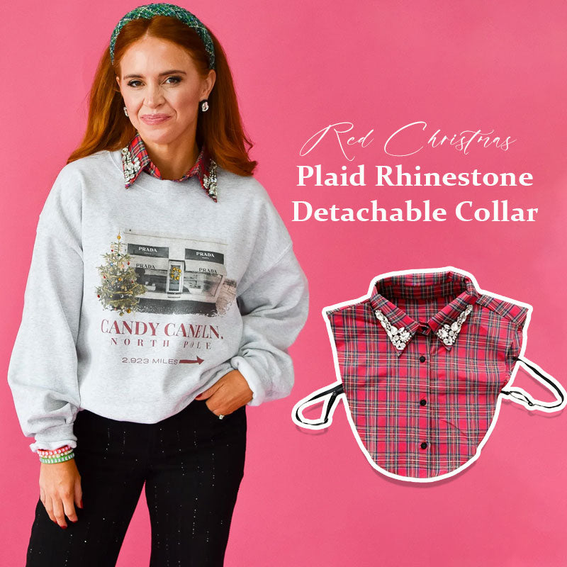 🎄 ✨Collo staccabile rosso natalizio a quadri con strass
