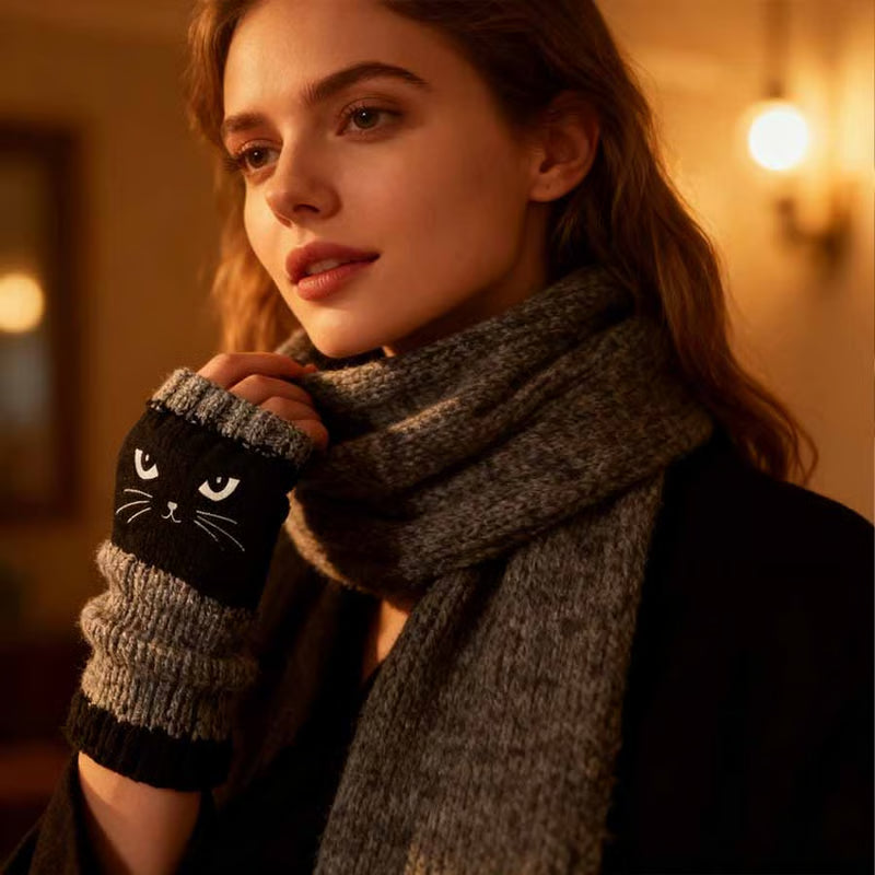 🎁Promozione dell'ultimo giorno 49% DI SCONTO🐱 Guanti da donna in maglia con gattini — Per mani calde e dita libere