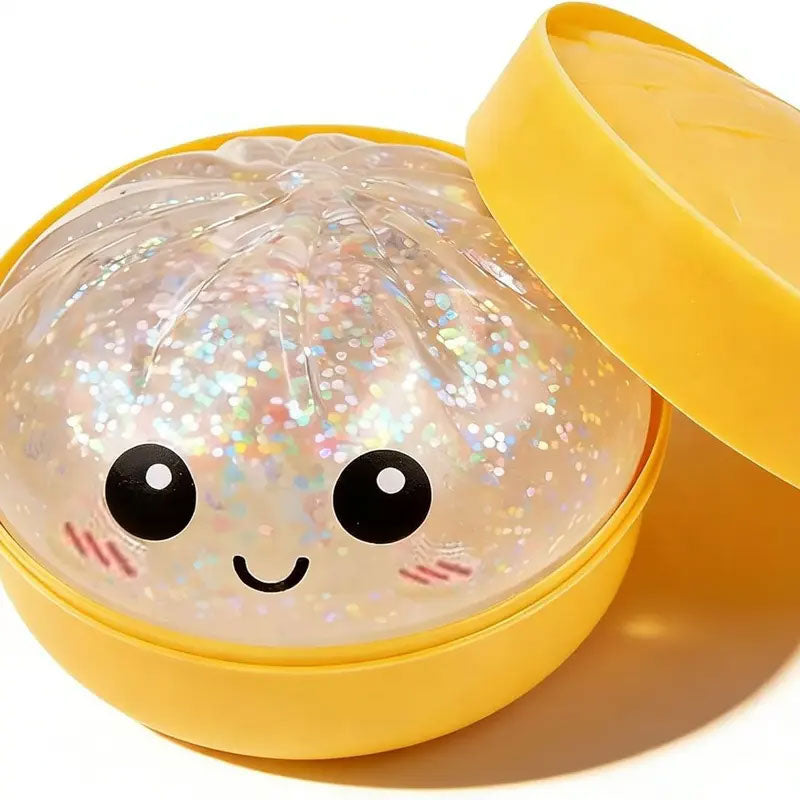 Scatola Squishy Glitter Dumpling - Simpatico giocattolo antistress, con scatola a vapore