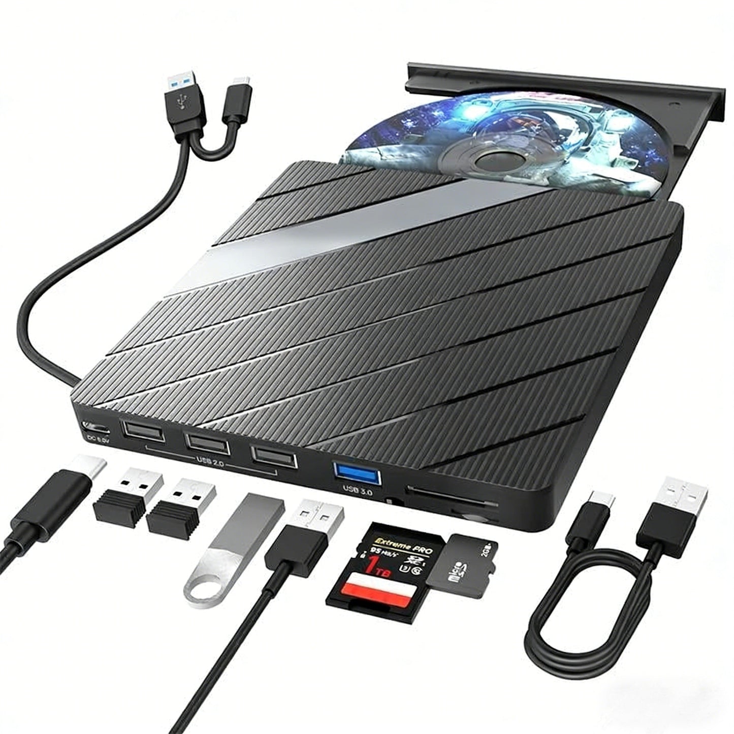 Lettore DVD portatile per laptop USB C 3.0 Masterizzatore CD portatile con slot per schede SD/TF e 3 porte USB Compatibile con Mac, Windows, Linux