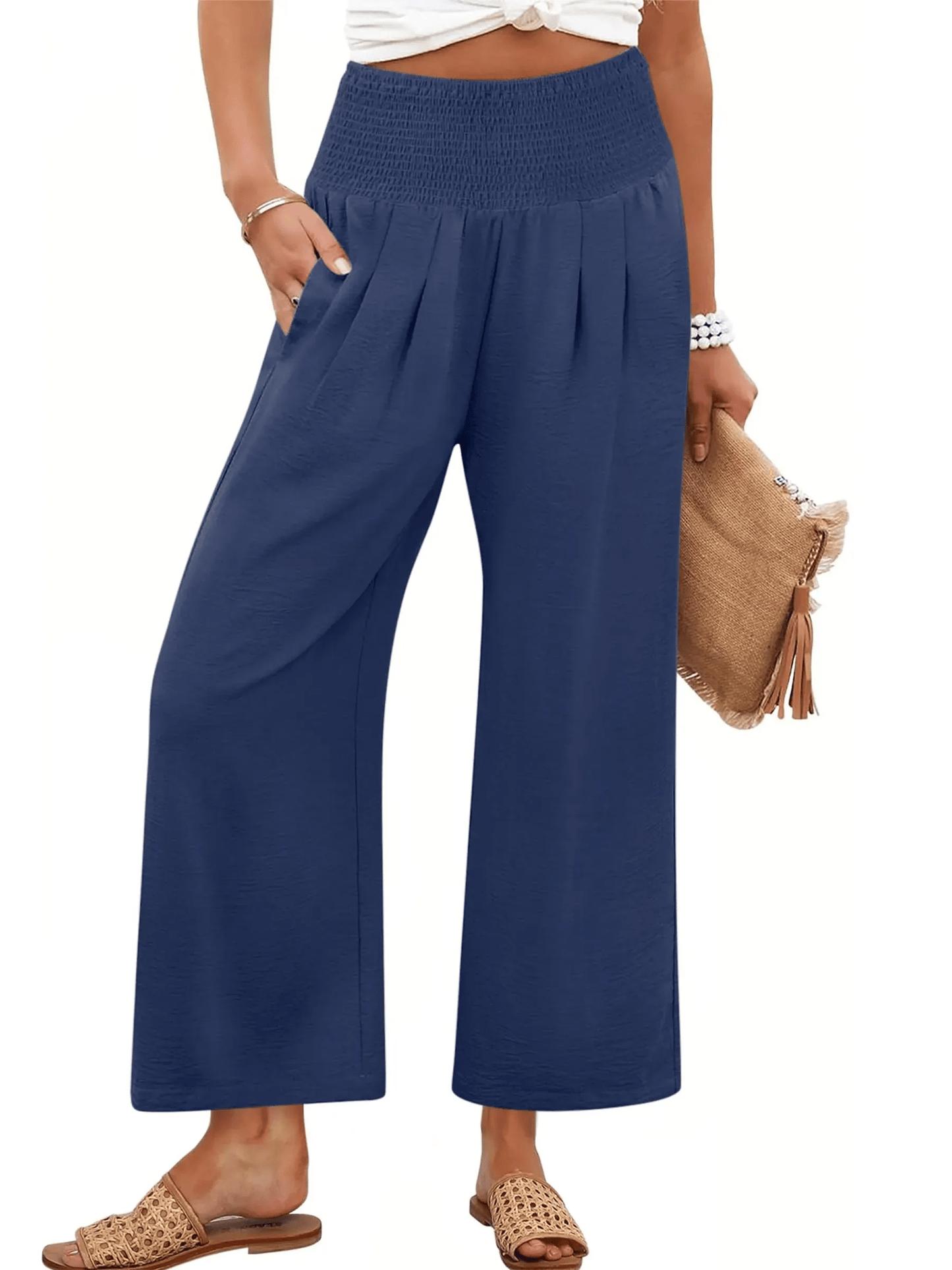 Pantaloni palazzo da donna a gamba larga con vita smockata