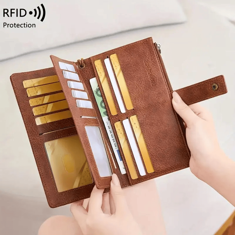 Portafoglio lungo da donna, elegante pochette, elegante portafoglio in pelle tinta unita con protezione RFI