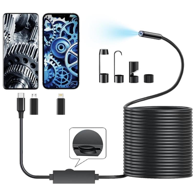 Telecamera endoscopica da 5 metri con luce per iPhone e Android, boroscopio impermeabile IP67 HD 480P con 8 luci LED regolabili, telecamera semi-rigida a serpente, 8 mm nera, strumento diagnostico