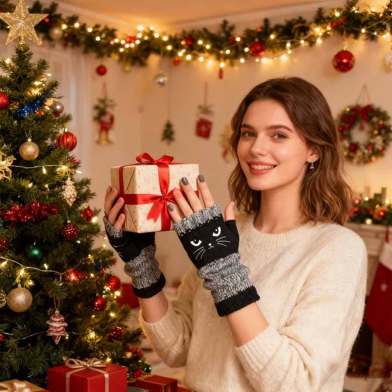 🎁Promozione dell'ultimo giorno 49% DI SCONTO🐱 Guanti da donna in maglia con gattini — Per mani calde e dita libere