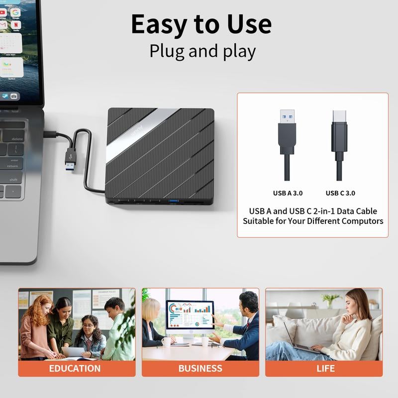 Lettore DVD portatile per laptop USB C 3.0 Masterizzatore CD portatile con slot per schede SD/TF e 3 porte USB Compatibile con Mac, Windows, Linux