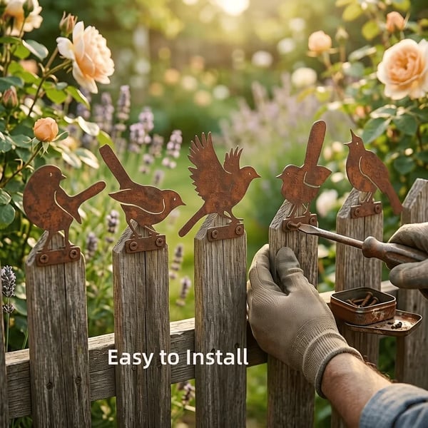 Set di 5 sagome di uccelli in metallo arrugginito dall'aspetto realistico come decorazione da giardino