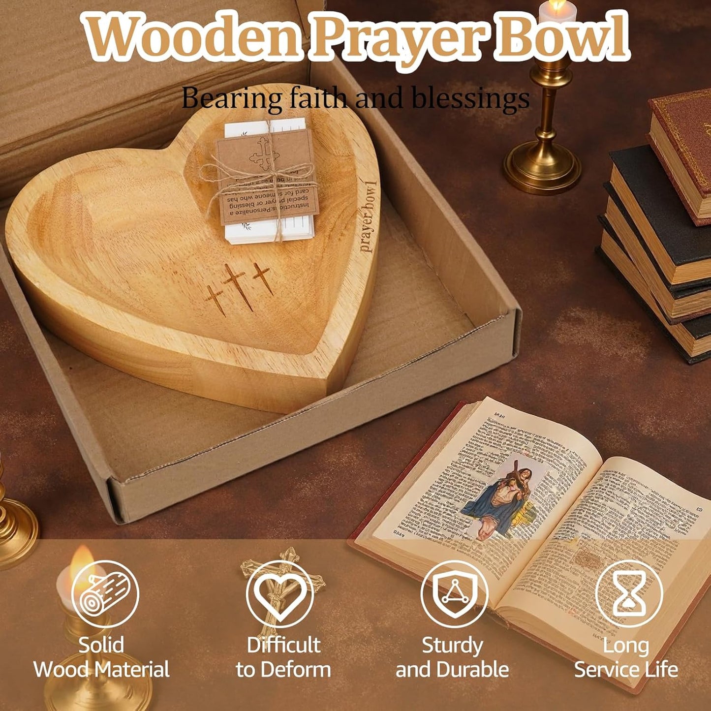 🔥Ultimo giorno 49% DI SCONTO - ✝️Set di ciotole da preghiera in legno a forma di cuore realizzate a mano🎁Regalo per la riflessione fedele e la devozione quotidian
