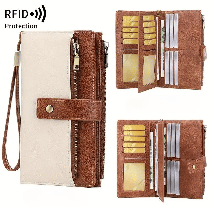Portafoglio lungo da donna, elegante pochette, elegante portafoglio in pelle tinta unita con protezione RFI
