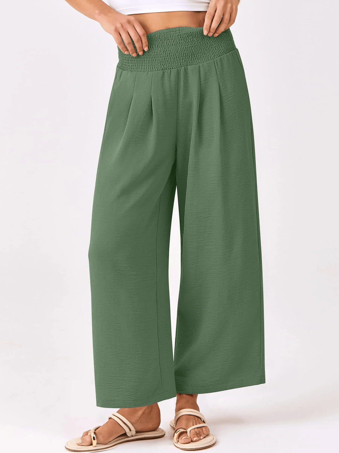 Pantaloni palazzo da donna a gamba larga con vita smockata