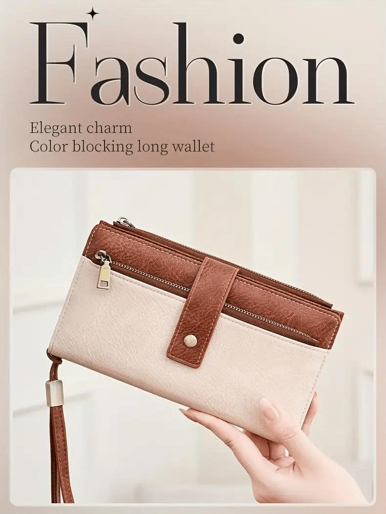 Portafoglio lungo da donna, elegante pochette, elegante portafoglio in pelle tinta unita con protezione RFI
