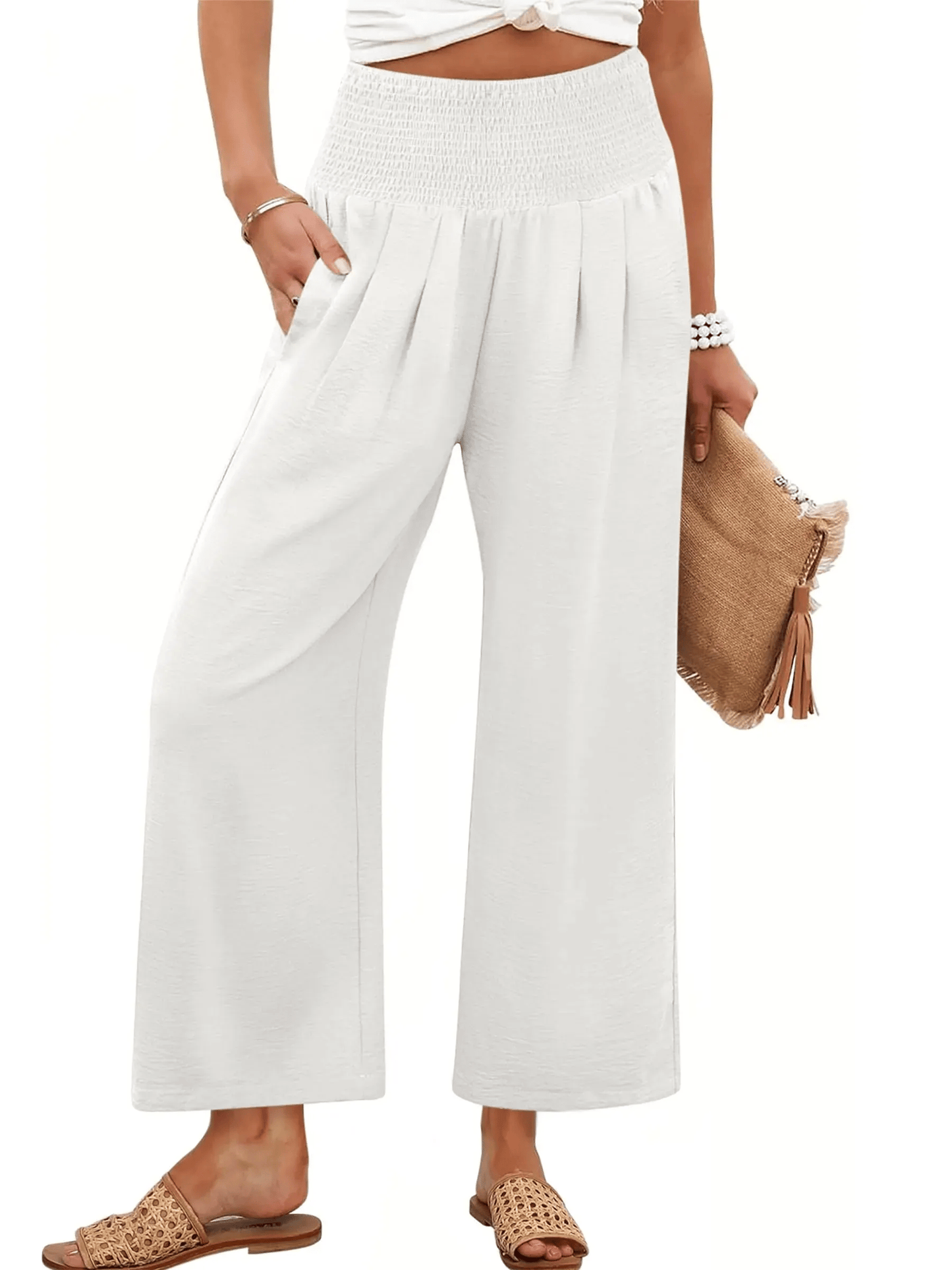 Pantaloni palazzo da donna a gamba larga con vita smockata