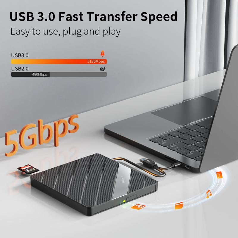 Lettore DVD portatile per laptop USB C 3.0 Masterizzatore CD portatile con slot per schede SD/TF e 3 porte USB Compatibile con Mac, Windows, Linux