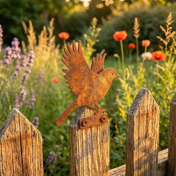 Set di 5 sagome di uccelli in metallo arrugginito dall'aspetto realistico come decorazione da giardino