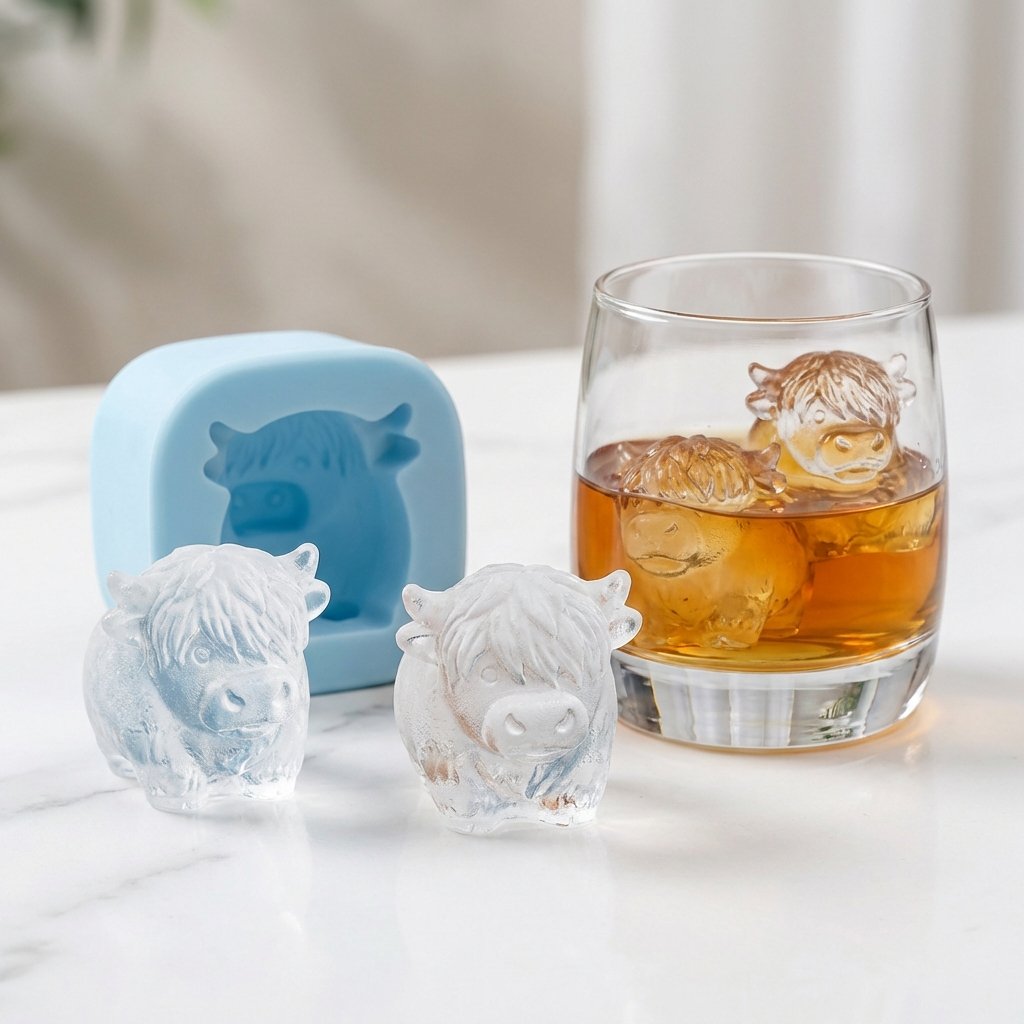 🐮 Stampo per cubetti di ghiaccio a forma di mini mucca delle Highlands – Simpatici cubetti di ghiaccio 3D per bevande, feste e regali