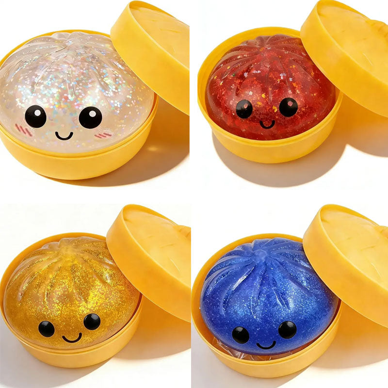Scatola Squishy Glitter Dumpling - Simpatico giocattolo antistress, con scatola a vapore