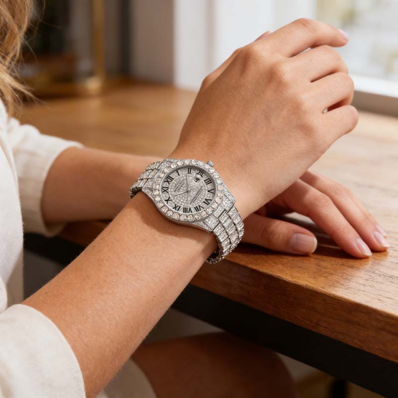 Orologio al quarzo da donna con cinturino in acciaio con stras