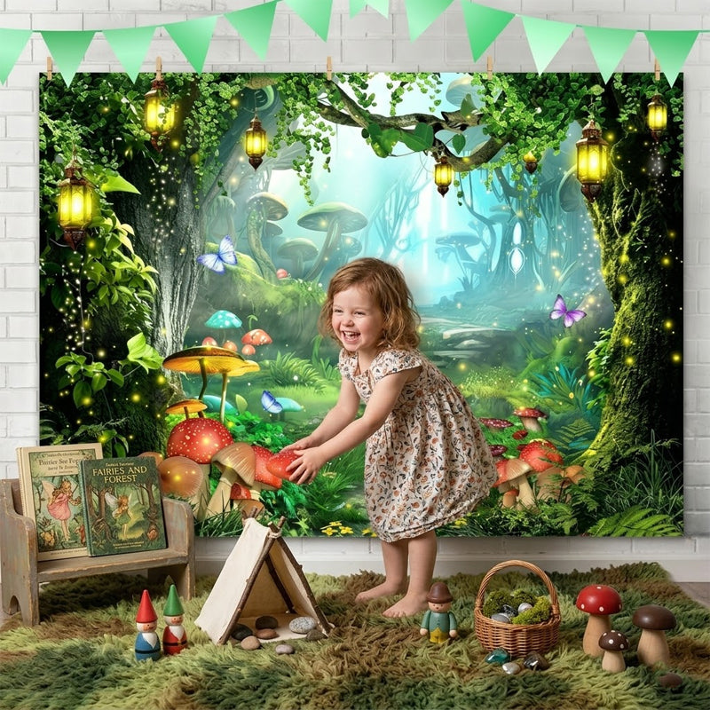 Striscione con sfondo floreale e farfalle “Foresta magica” — Decorazione scenografica per feste di compleanno all'aperto