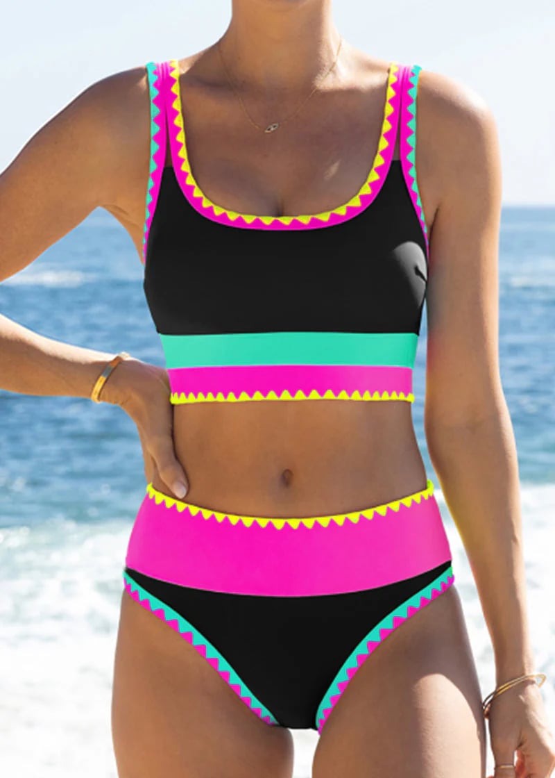 🎁Nuovo arrivo: 50% di sconto💥🌼Set bikini sportivo a 3 pezzi in nylon con effetto patchwork a blocchi di colore - Costume da bagno a vita alta con effetto snellente👙🌈