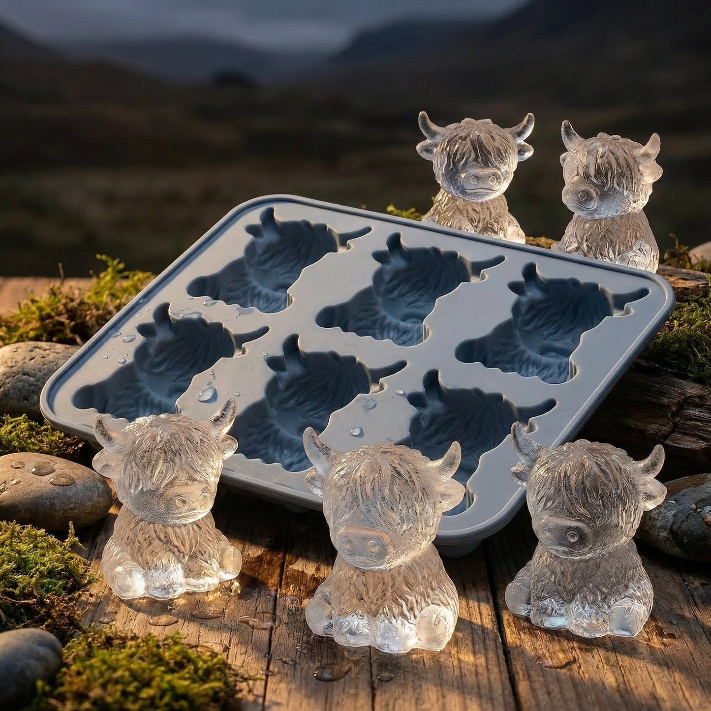 🐮 Stampo per cubetti di ghiaccio a forma di mini mucca delle Highlands – Simpatici cubetti di ghiaccio 3D per bevande, feste e regali