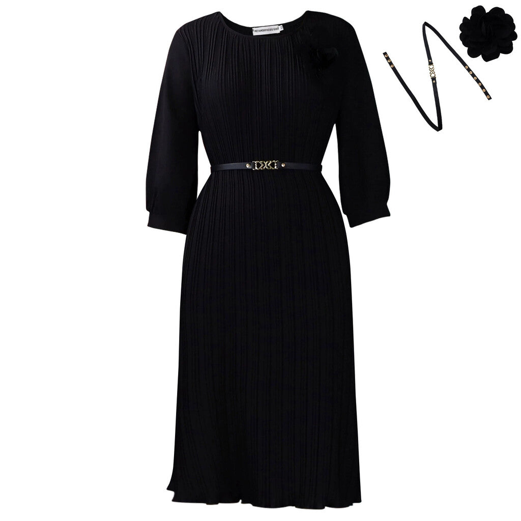 Abito midi da donna con maniche a 3/4, pieghe, scollo rotondo e cintura