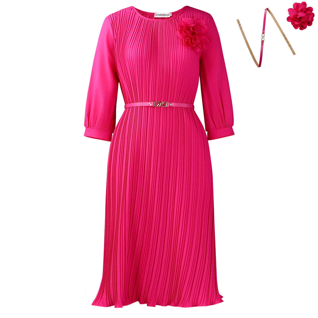 Abito midi da donna con maniche a 3/4, pieghe, scollo rotondo e cintura