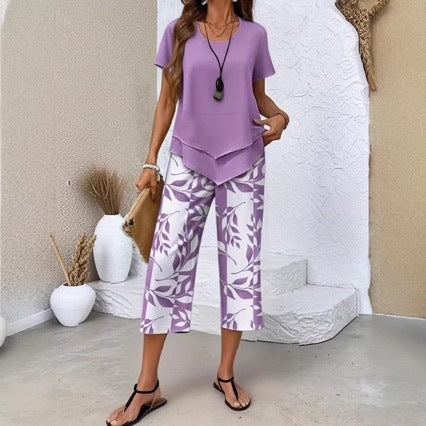 Set da casa con maglietta girocollo (effetto a strati) e pantaloni a gamba extra larga – Comodo, leggero e versatile – Ideale per l'uso quotidiano e i viaggi