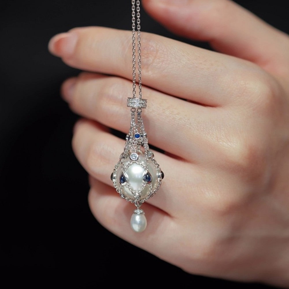 14,0-15,0 mm Perla d'acqua dolce e gemma blu Pendente Lavalier🔥Saldi natalizi 49% di sconto🎄