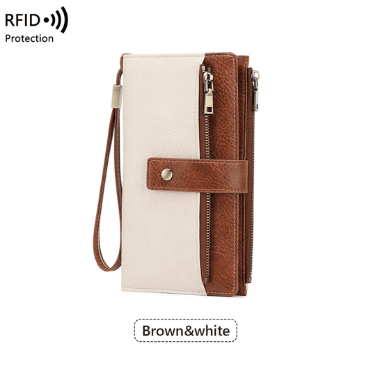 Portafoglio lungo da donna, elegante pochette, elegante portafoglio in pelle tinta unita con protezione RFI
