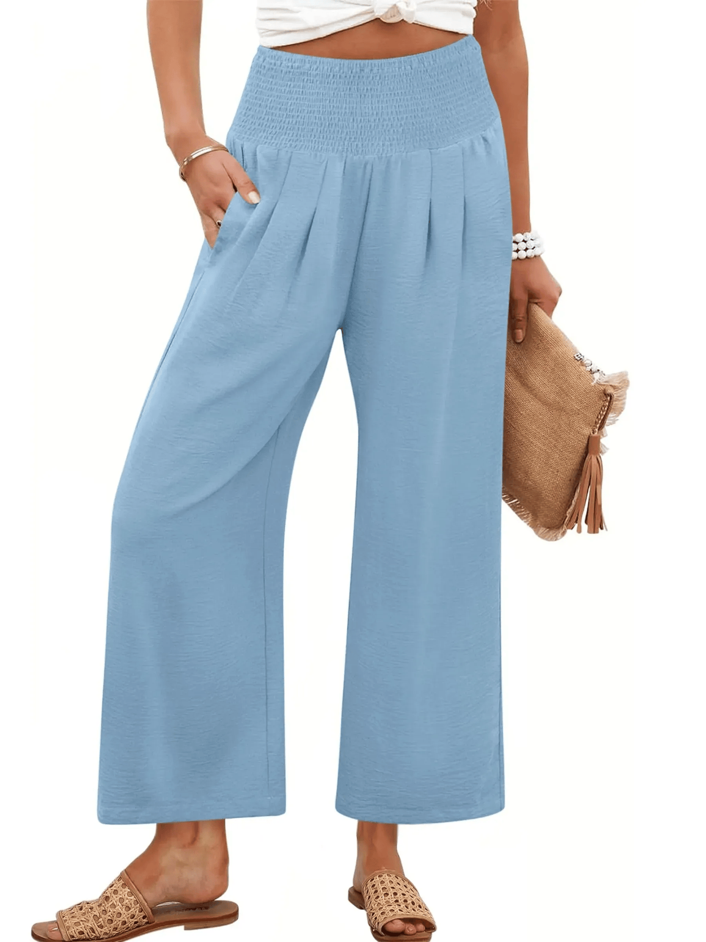 Pantaloni palazzo da donna a gamba larga con vita smockata