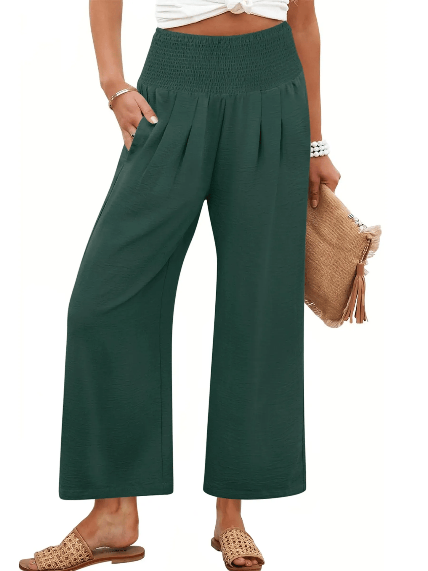 Pantaloni palazzo da donna a gamba larga con vita smockata