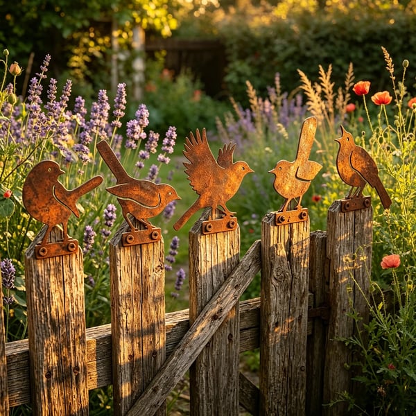 Set di 5 sagome di uccelli in metallo arrugginito dall'aspetto realistico come decorazione da giardino
