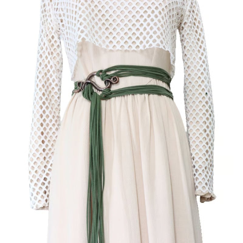 Set cintura medievale vichinga in pelle intrecciata, con fibbia ad anello e decorazioni con nappe