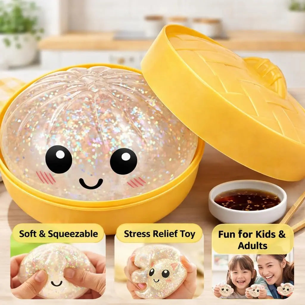 Scatola Squishy Glitter Dumpling - Simpatico giocattolo antistress, con scatola a vapore