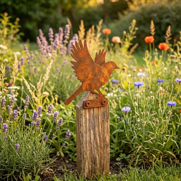 Set di 5 sagome di uccelli in metallo arrugginito dall'aspetto realistico come decorazione da giardino