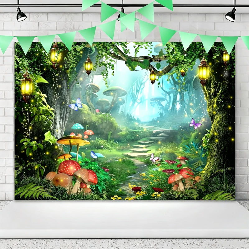 Striscione con sfondo floreale e farfalle “Foresta magica” — Decorazione scenografica per feste di compleanno all'aperto