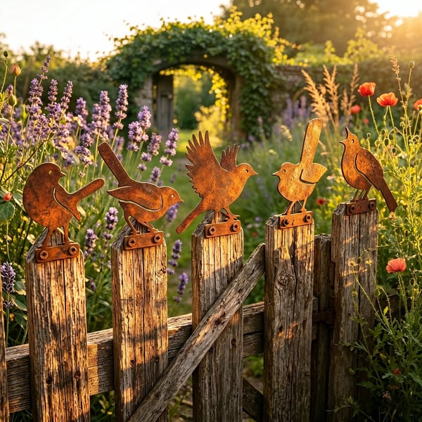 Set di 5 sagome di uccelli in metallo arrugginito dall'aspetto realistico come decorazione da giardino
