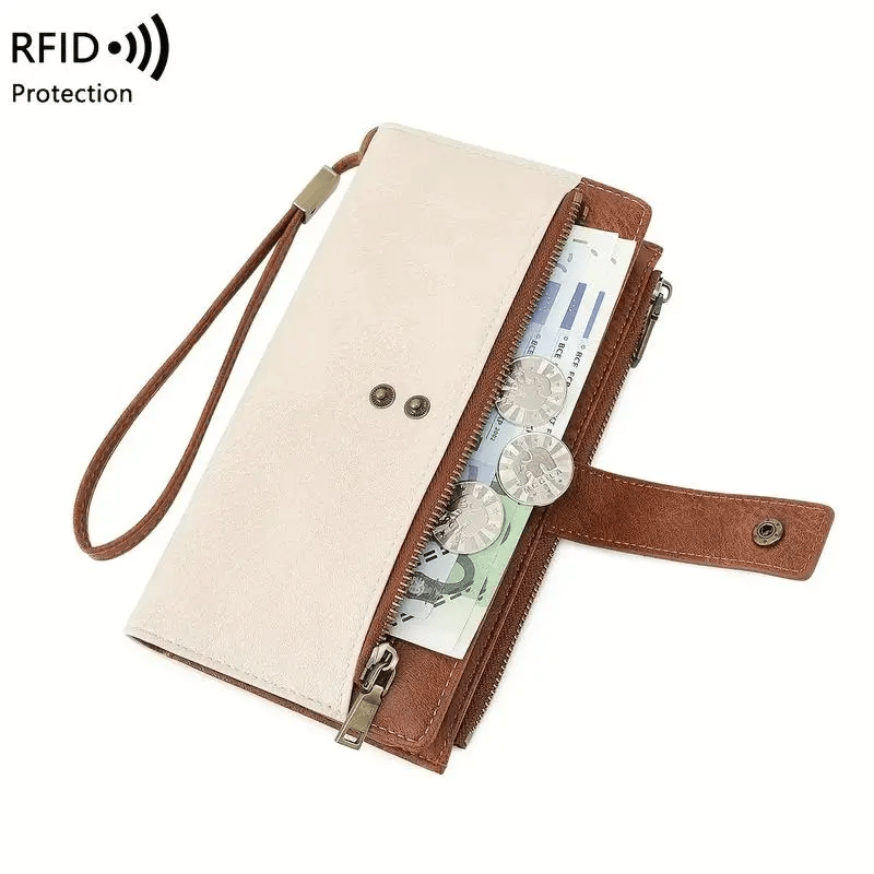 Portafoglio lungo da donna, elegante pochette, elegante portafoglio in pelle tinta unita con protezione RFI