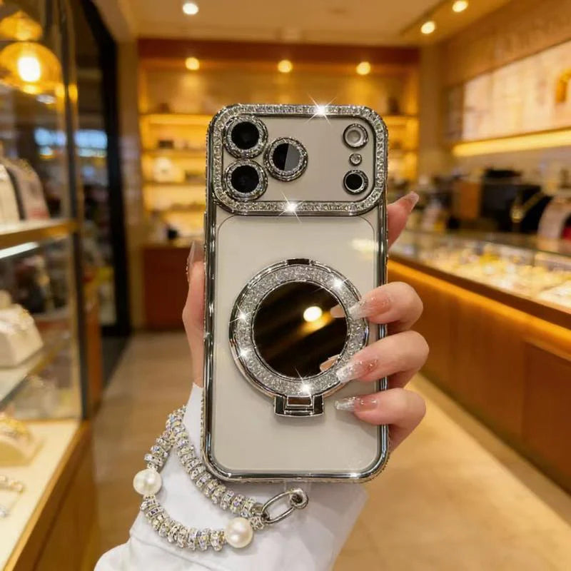 Custodia per telefono da donna Sparkling Diamond con specchio e supporto
